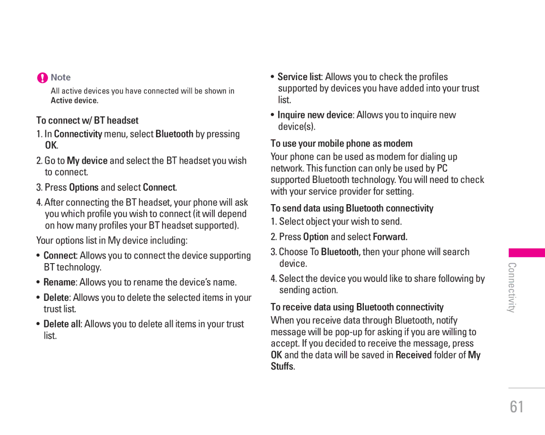 LG Electronics KG300 manual To send data using Bluetooth connectivity, To receive data using Bluetooth connectivity 