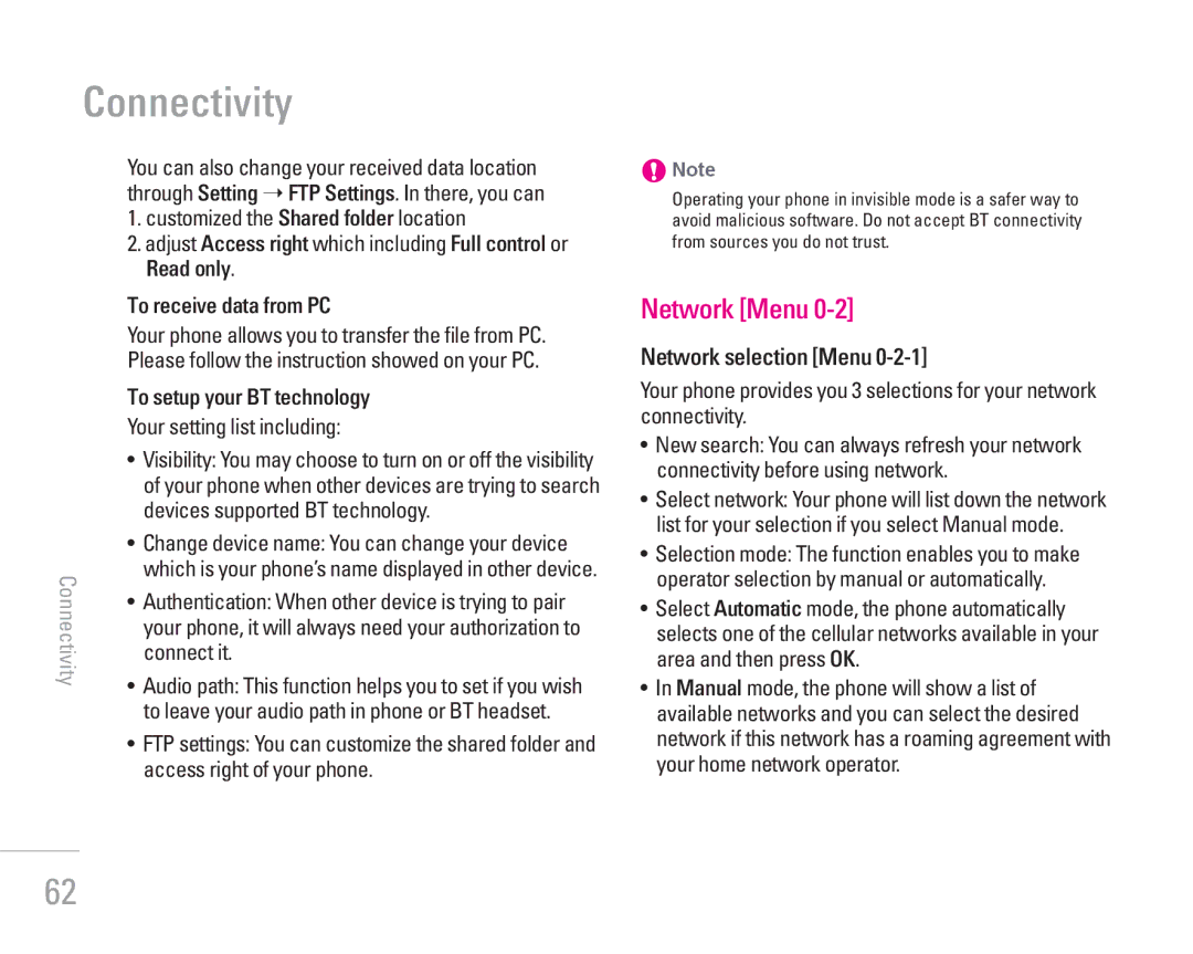 LG Electronics KG300 manual Connectivity, Network Menu 