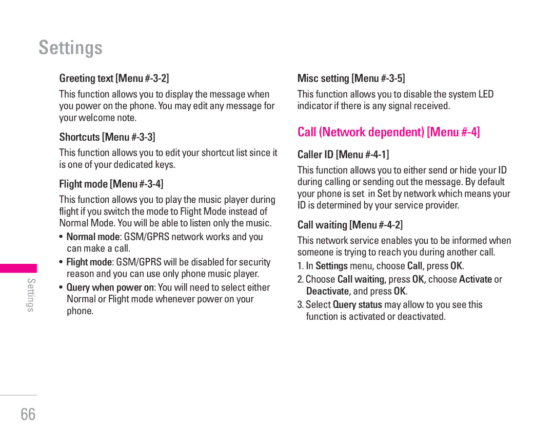 LG Electronics KG300 manual Settings, Call Network dependent Menu #-4 
