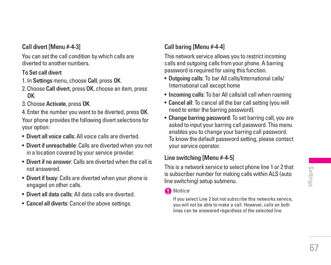 LG Electronics KG300 manual Call divert Menu #-4-3, To Set call divert, Call baring Menu #-4-4, Line switching Menu #-4-5 