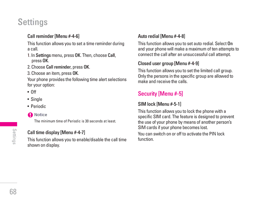 LG Electronics KG300 manual Security Menu #-5 