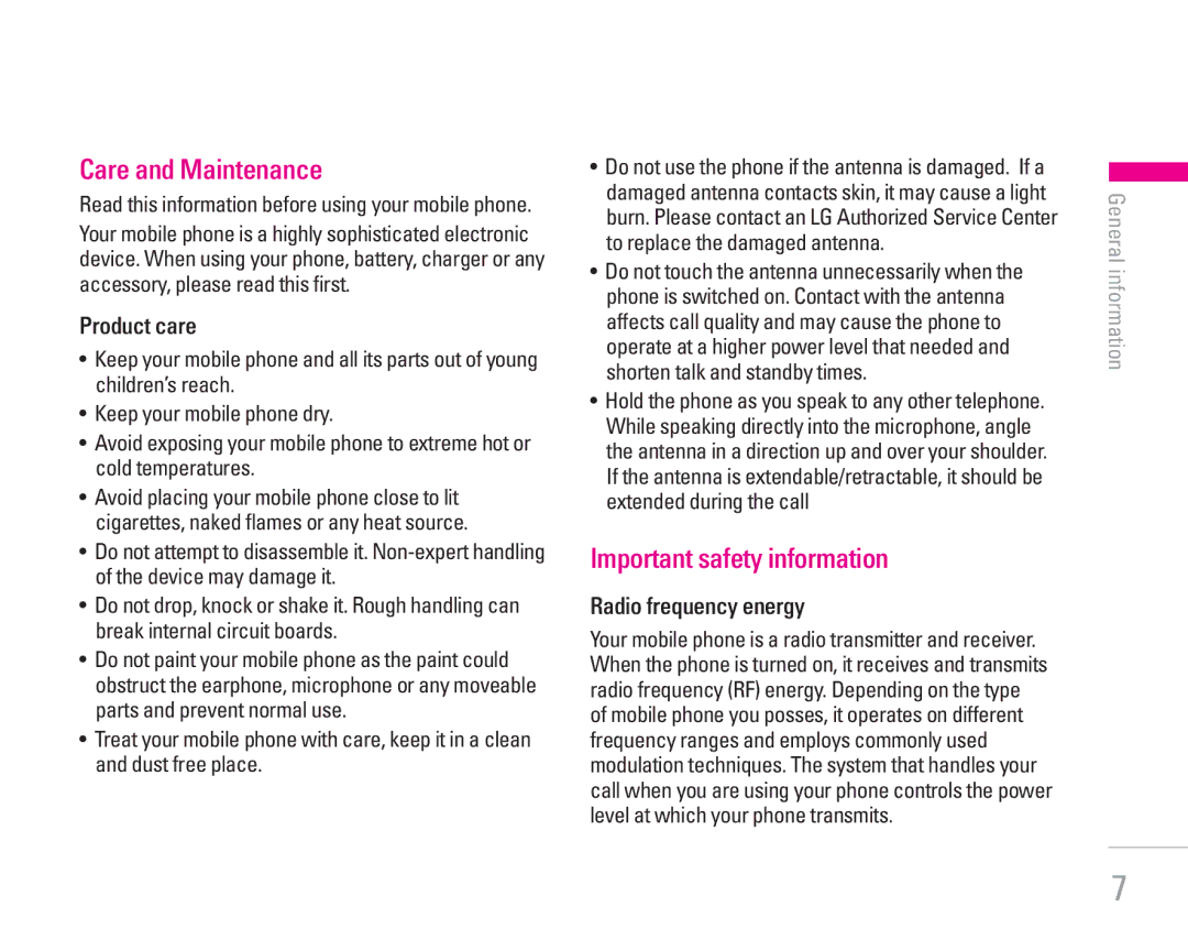 LG Electronics KG300 manual Care and Maintenance, Important safety information, Product care, Radio frequency energy 