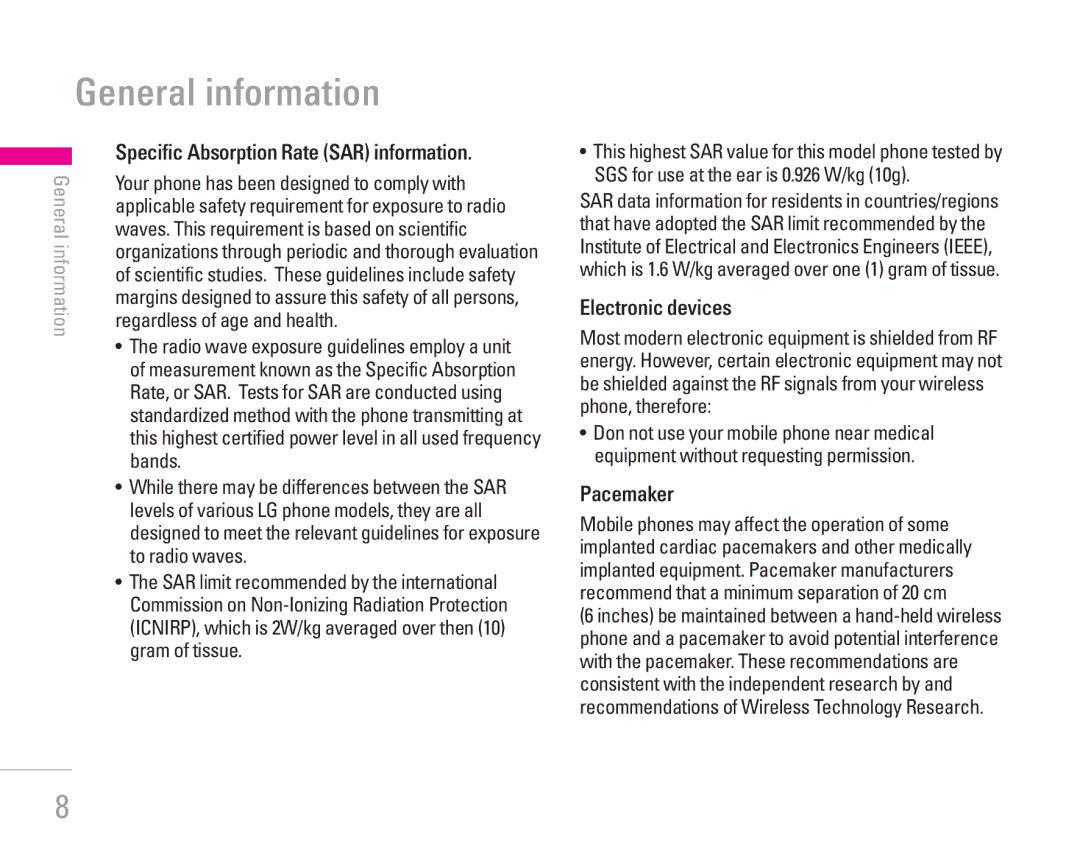 LG Electronics KG300 manual Electronic devices, Pacemaker 