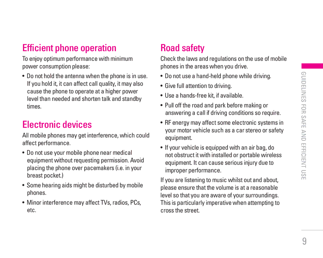 LG Electronics KG320 manual Efficient phone operation, Electronic devices, Road safety 