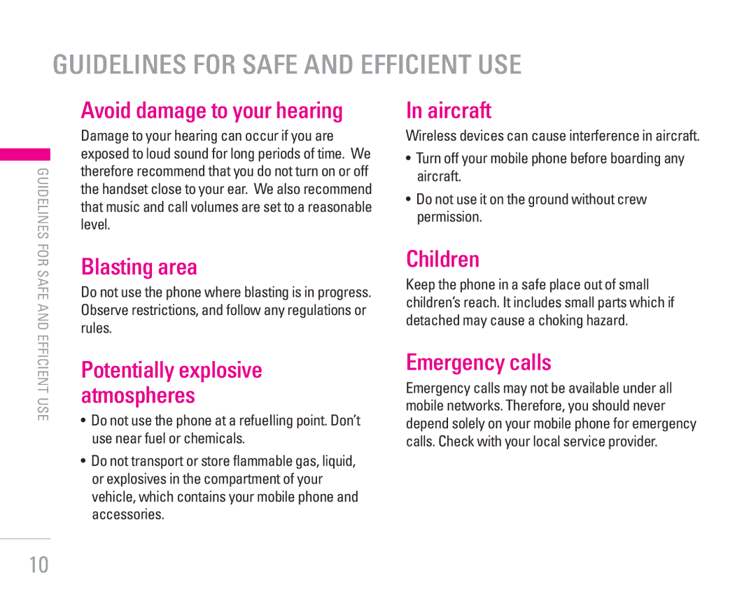 LG Electronics KG320 manual Avoid damage to your hearing, Blasting area, Aircraft, Children, Emergency calls 