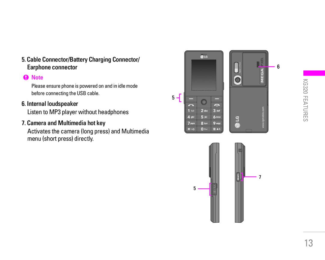 LG Electronics KG320 manual Internal loudspeaker, Listen to MP3 player without headphones, Camera and Multimedia hot key 