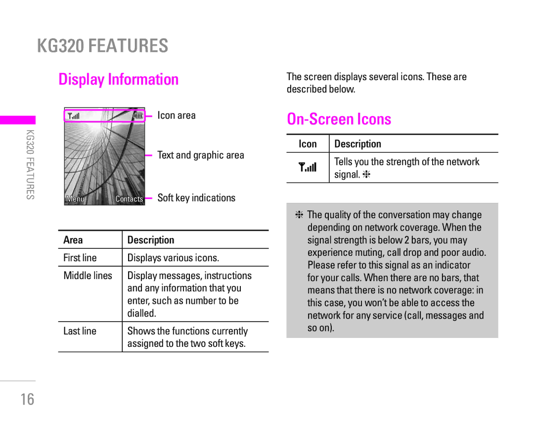 LG Electronics KG320 manual Display Information, On-Screen Icons, Icon Description, Area Description 