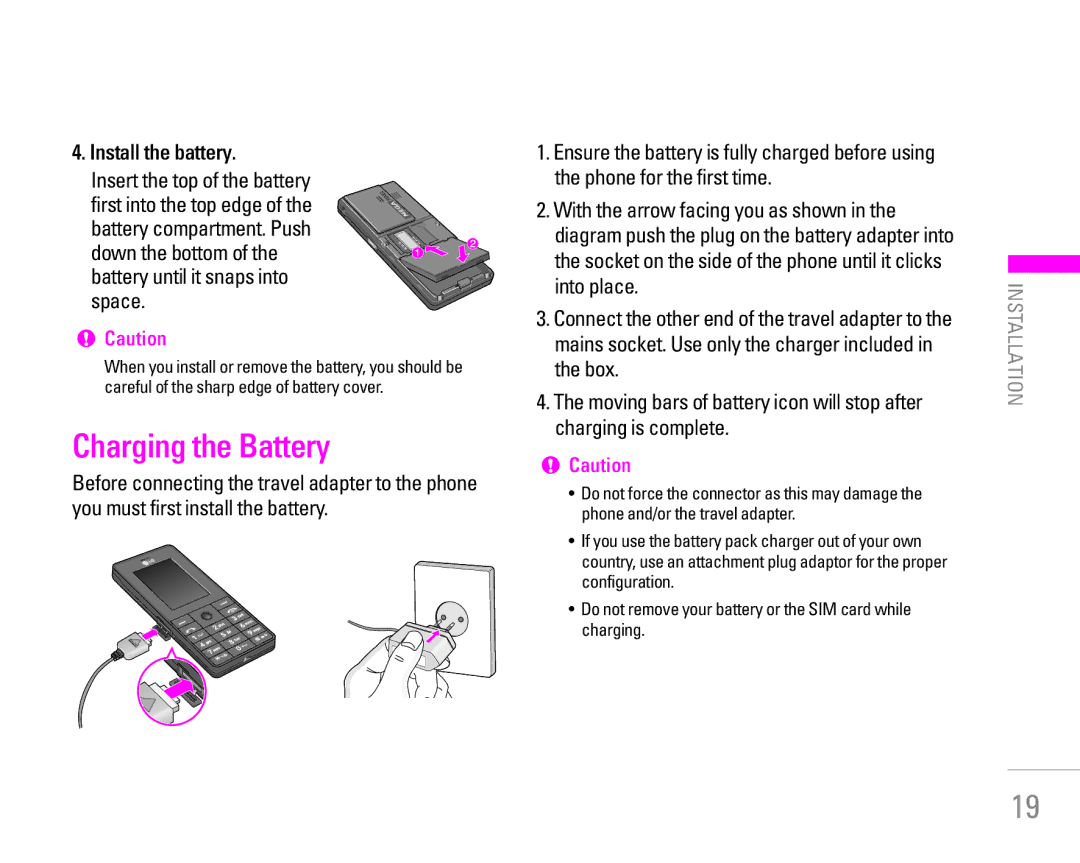 LG Electronics KG320 manual Charging the Battery, Install the battery 