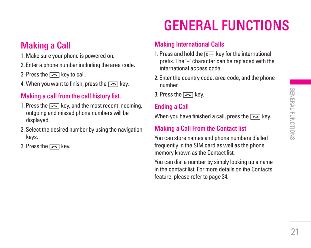 LG Electronics KG320 Making a Call, Making a call from the call history list, Making International Calls, Ending a Call 