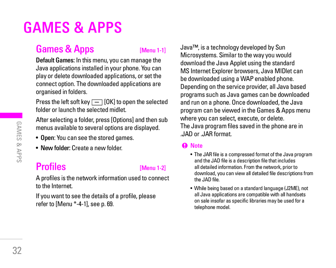 LG Electronics KG320 manual Games & Apps, Profiles 