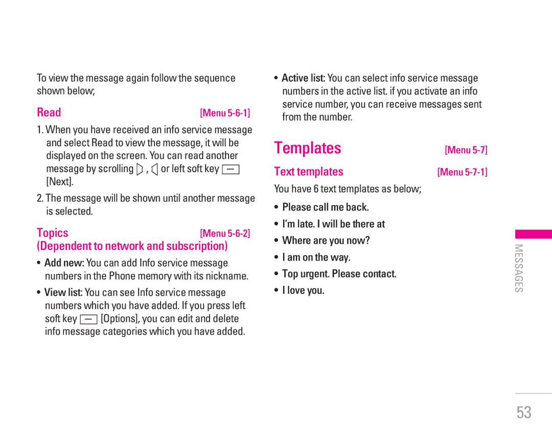 LG Electronics KG320 manual Templates, Read, Text templates, To view the message again follow the sequence shown below 