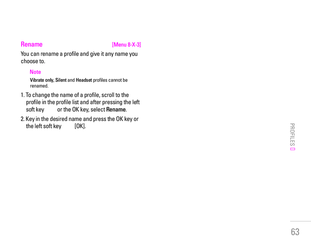 LG Electronics KG320 manual Rename, You can rename a profile and give it any name you choose to 