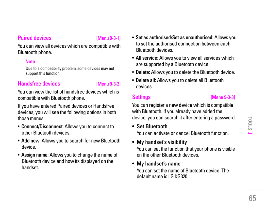 LG Electronics KG320 manual Paired devices, Handsfree devices, Set Bluetooth, My handset’s visibility, My handset’s name 