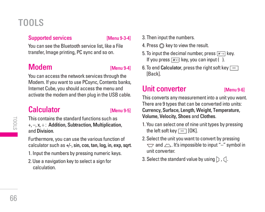 LG Electronics KG320 manual Tools, Modem, Calculator, Unit converter, Supported services 