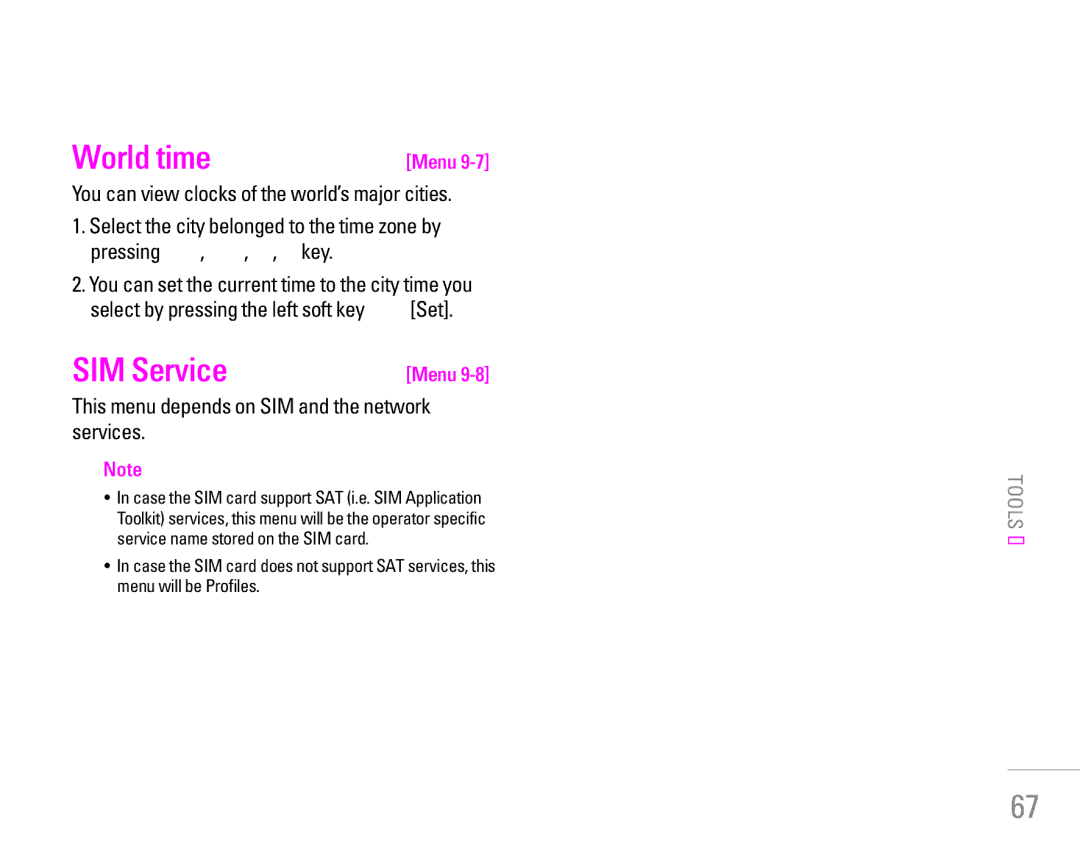 LG Electronics KG320 manual World time, SIM Service, This menu depends on SIM and the network services 