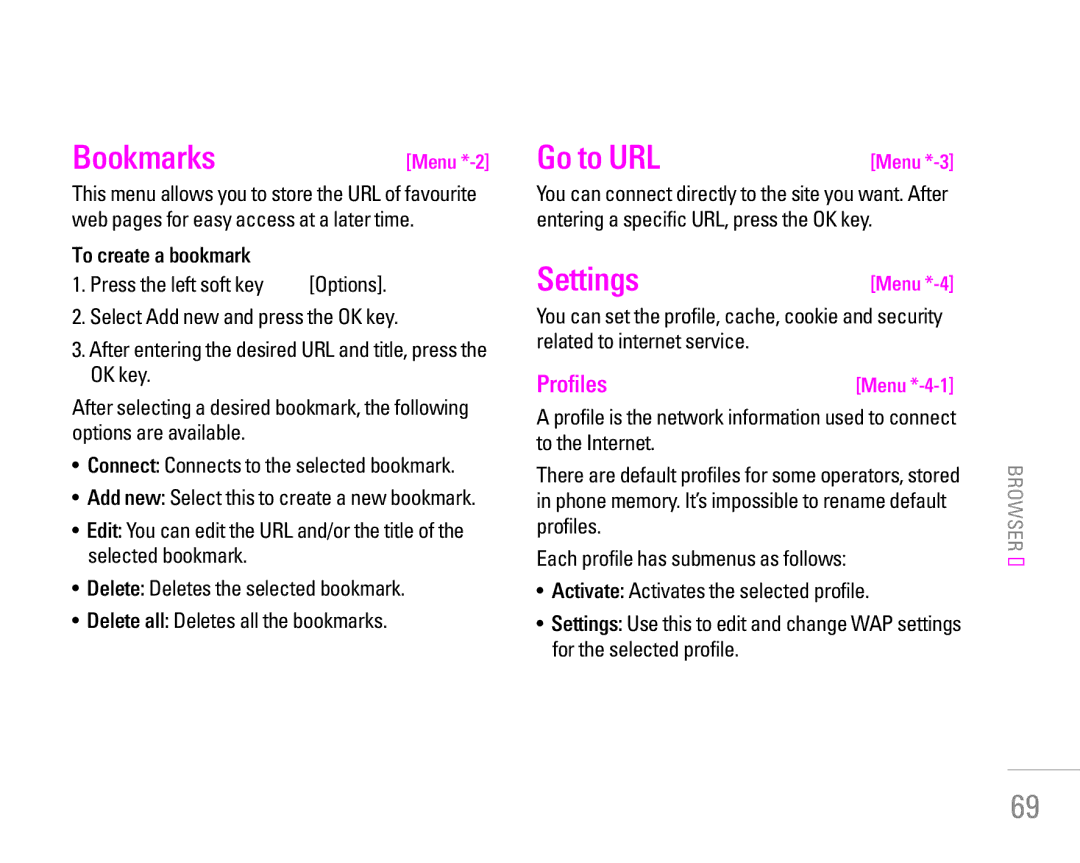 LG Electronics KG320 manual Bookmarks, Go to URL, Profiles, To create a bookmark 