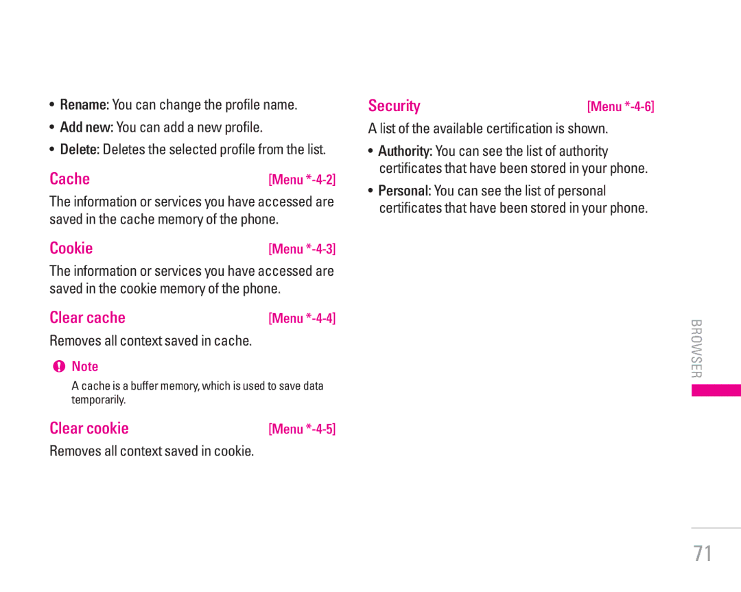 LG Electronics KG320 manual Cache, Cookie, Clear cache, Clear cookie, Security 