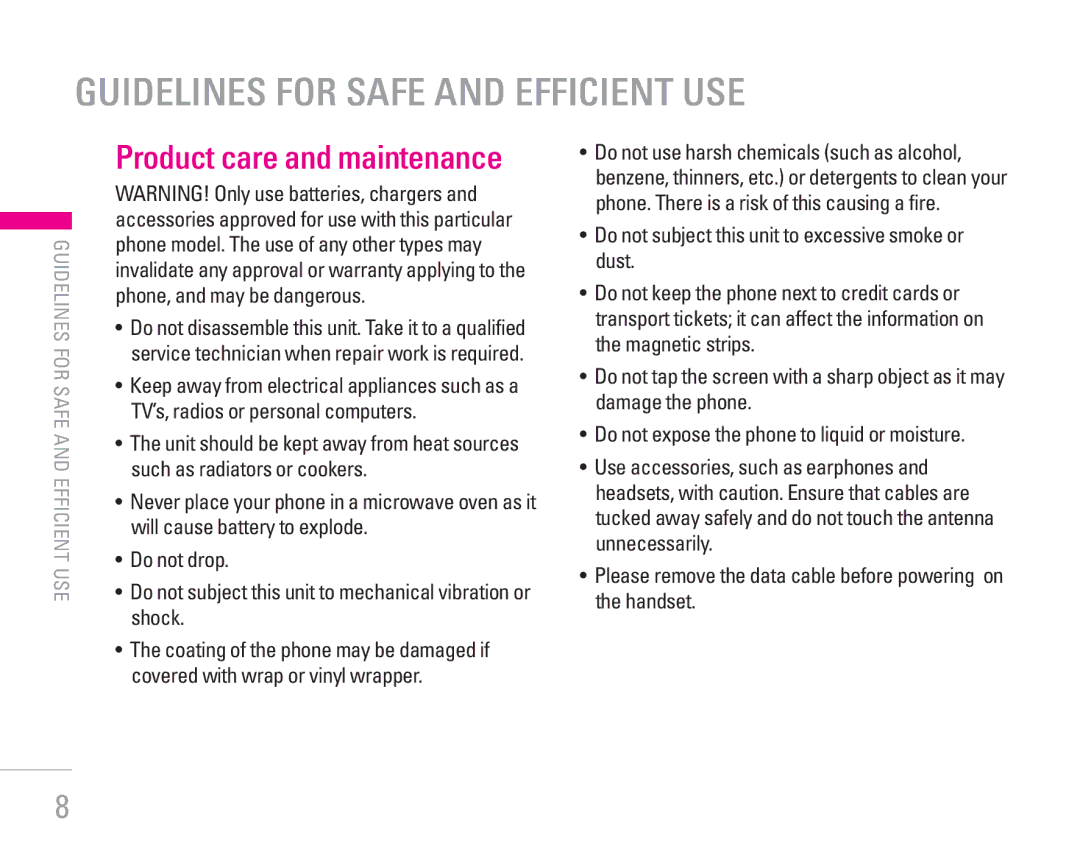 LG Electronics KG320 manual Guidelines for Safe and Efficient USE, Product care and maintenance 