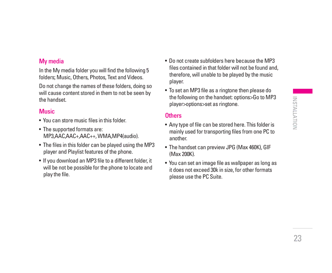 LG Electronics KG320S manual My media, Music, Others, You can store music files in this folder 