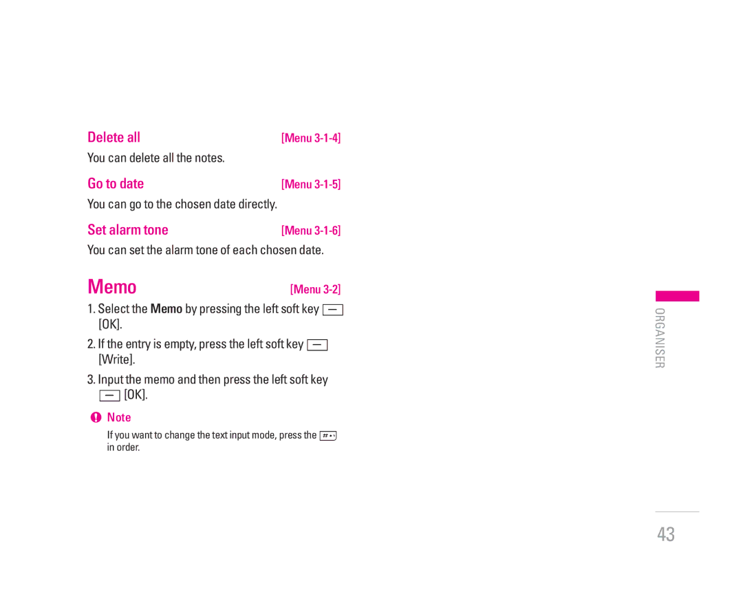 LG Electronics KG320S manual Memo, Delete all, Go to date, Set alarm tone 