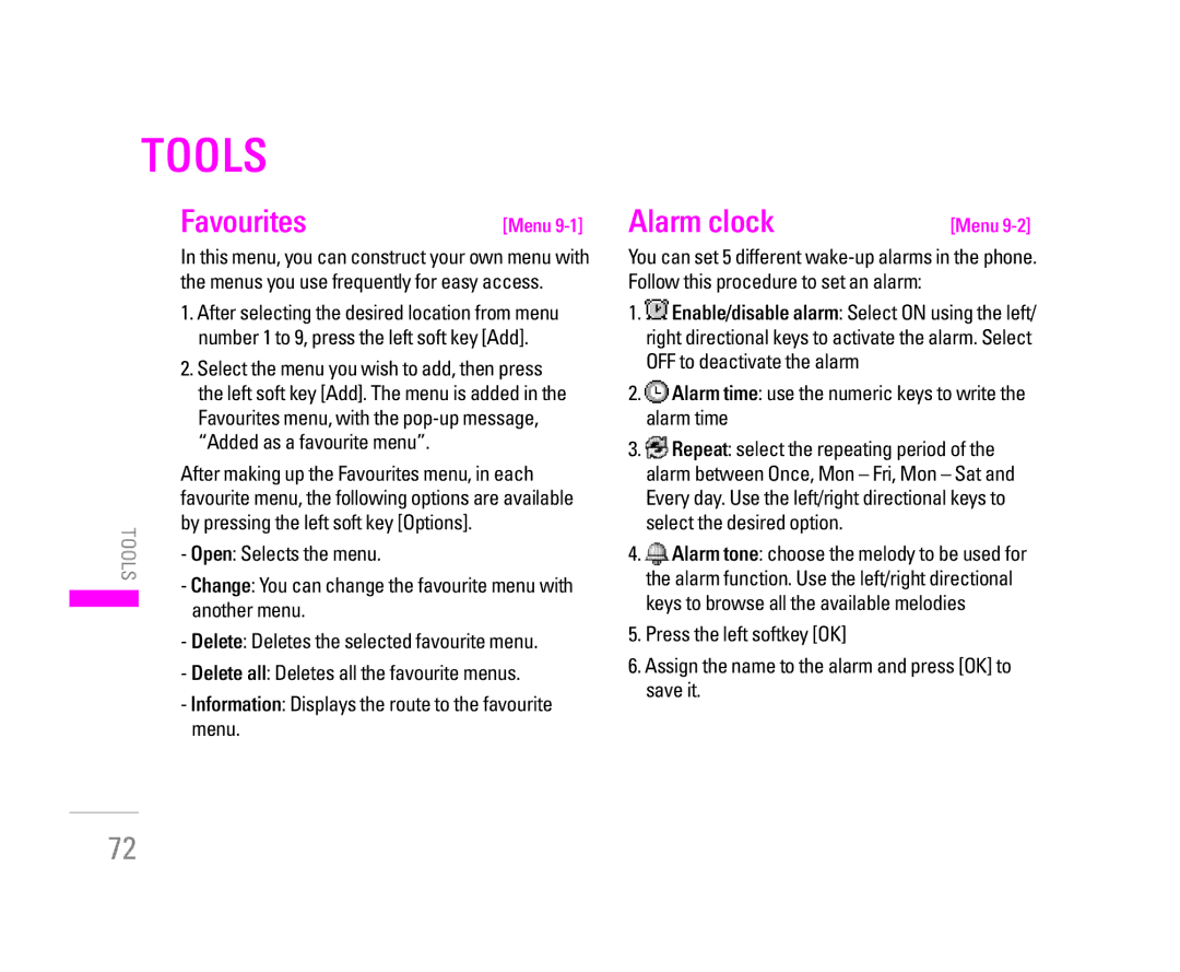 LG Electronics KG320S manual Tools, Favourites, Alarm clock 