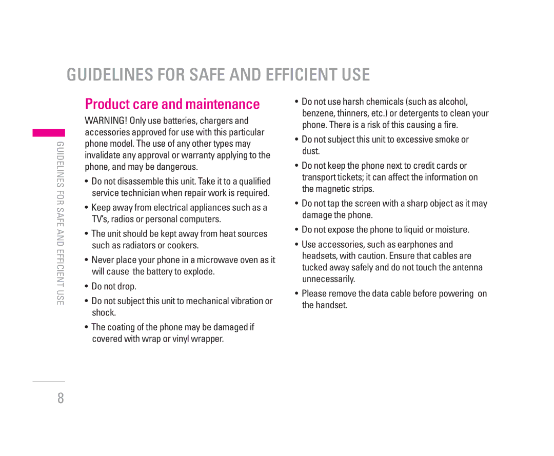 LG Electronics KG320S manual Guidelines for Safe and Efficient USE, Product care and maintenance 