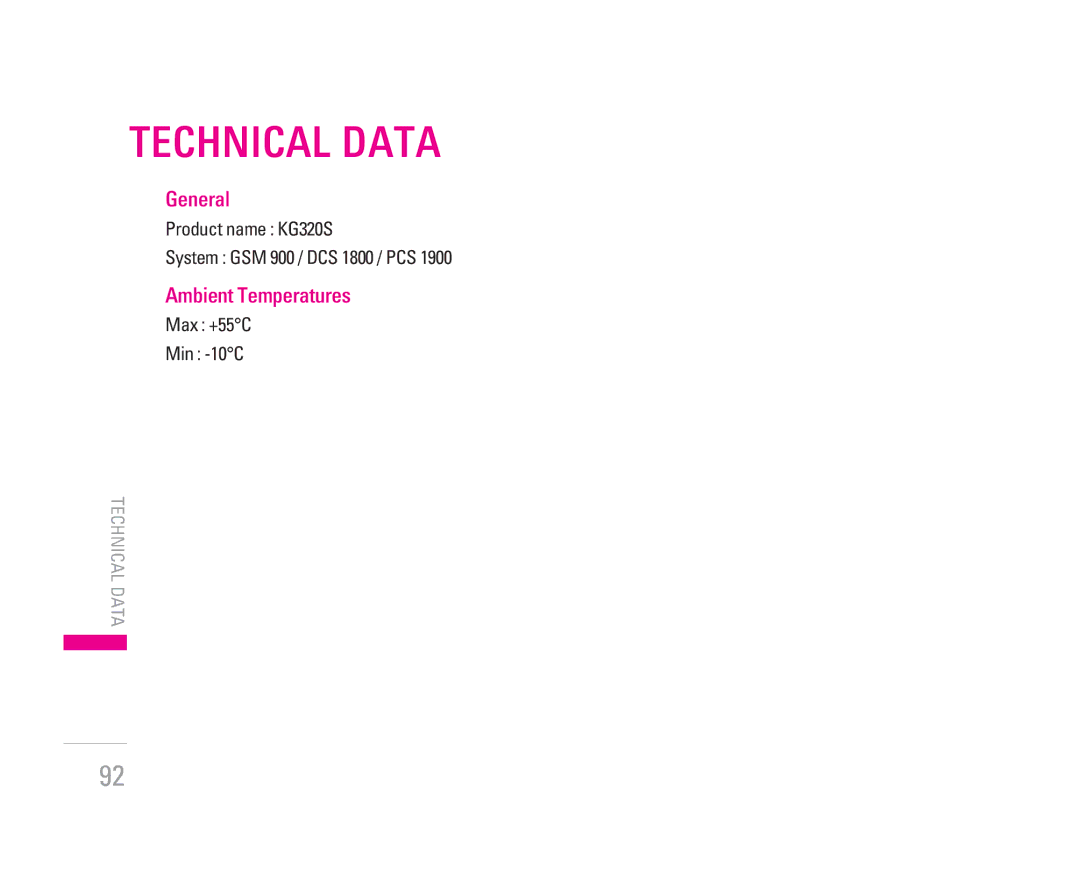 LG Electronics manual Technical Data, General, Ambient Temperatures, Product name KG320S System GSM 900 / DCS 1800 / PCS 