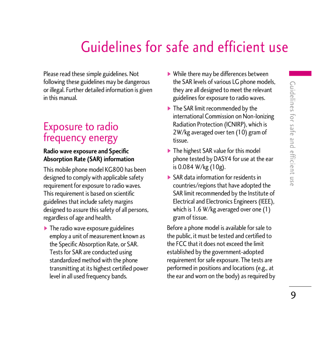 LG Electronics KG800 manual Guidelines for safe and efficient use 