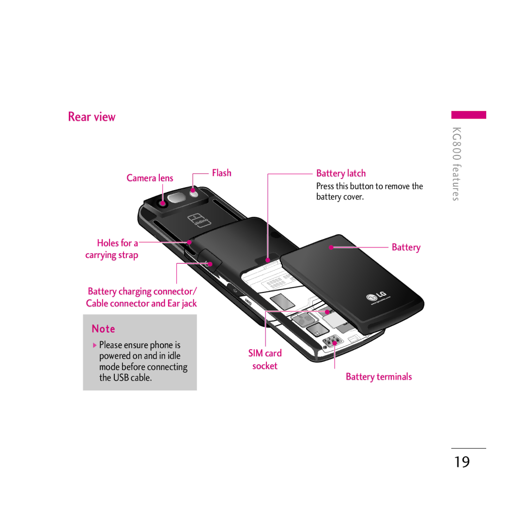 LG Electronics KG800 manual Rear view, Battery 