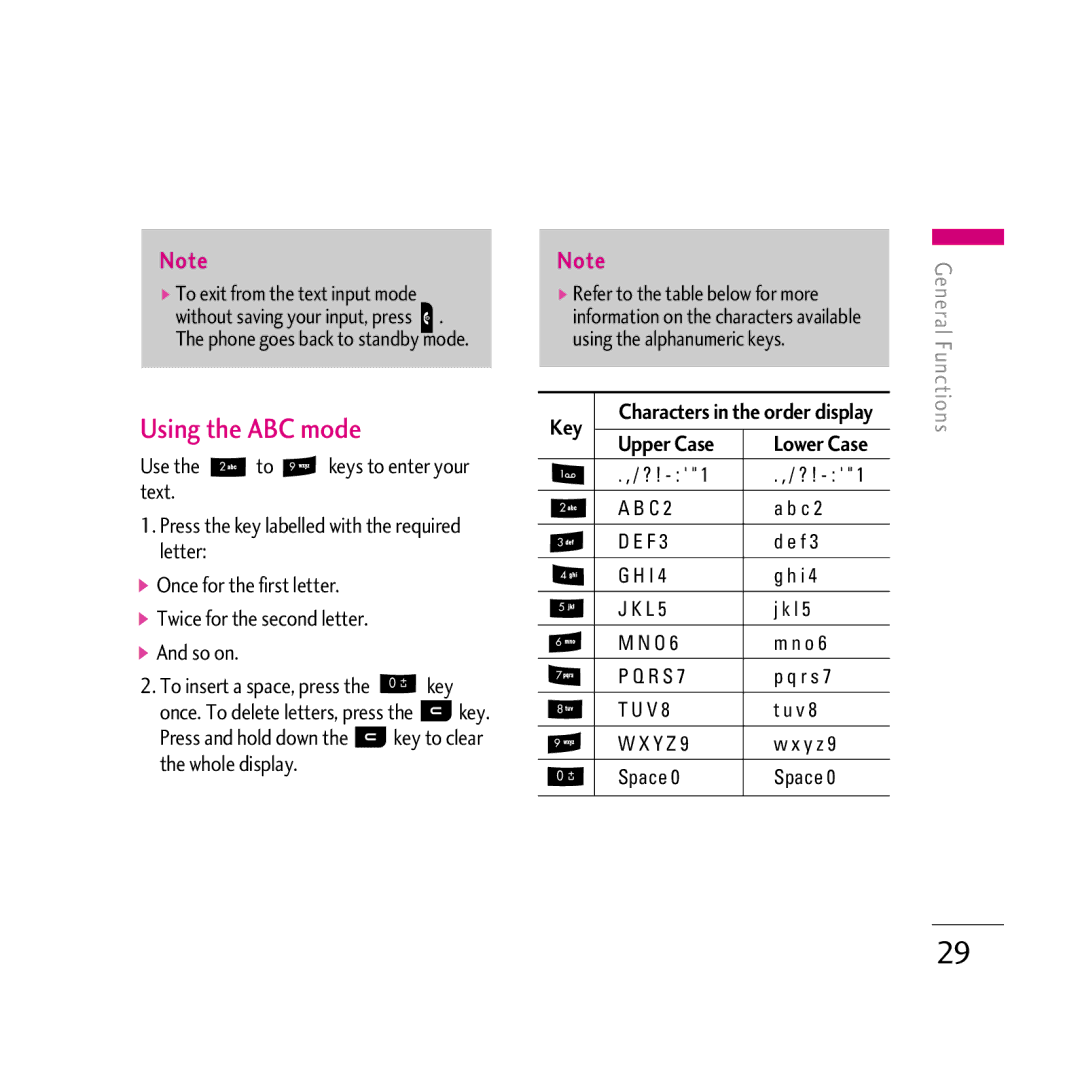 LG Electronics KG800 manual Using the ABC mode, Key 