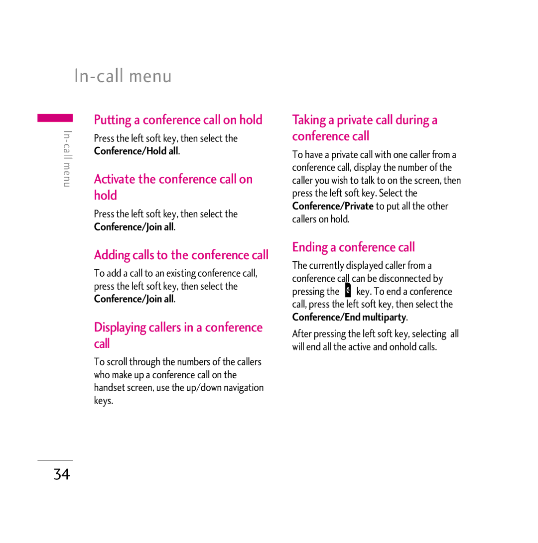 LG Electronics KG800 In-call menu, Hold, Call, Ending a conference call, Taking a private call during a conference call 
