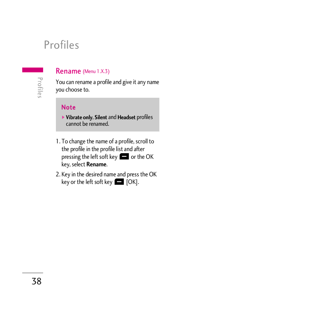 LG Electronics KG800 manual Profiles, You can rename a profile and give it any name you choose to, Cannot be renamed 