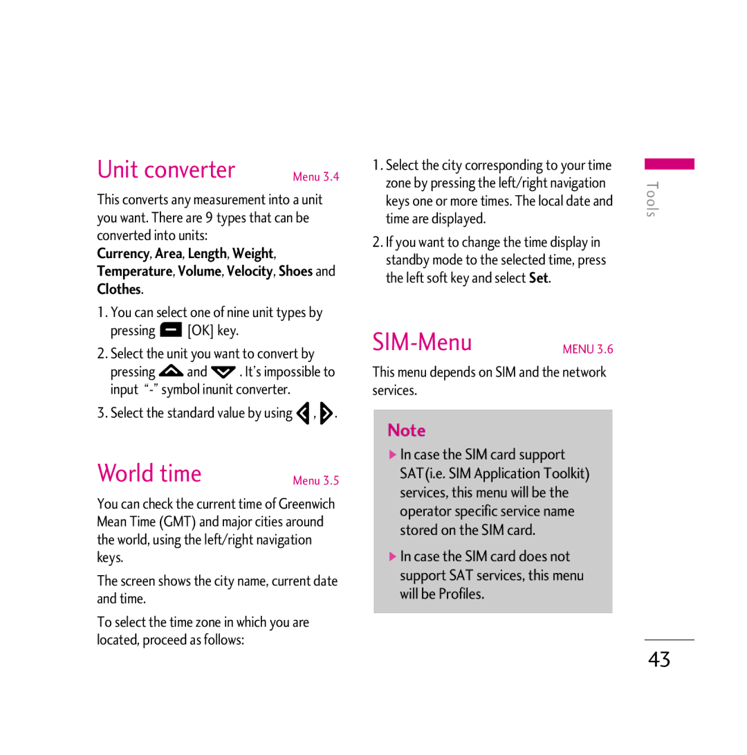 LG Electronics KG800 manual Unit converter, World time, SIM-Menu, Currency, Area, Length, Weight, Clothes 