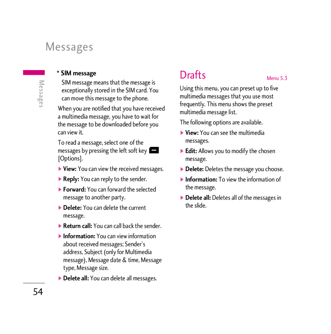 LG Electronics KG800 manual Drafts, SIM message, Information To view the information of the message 