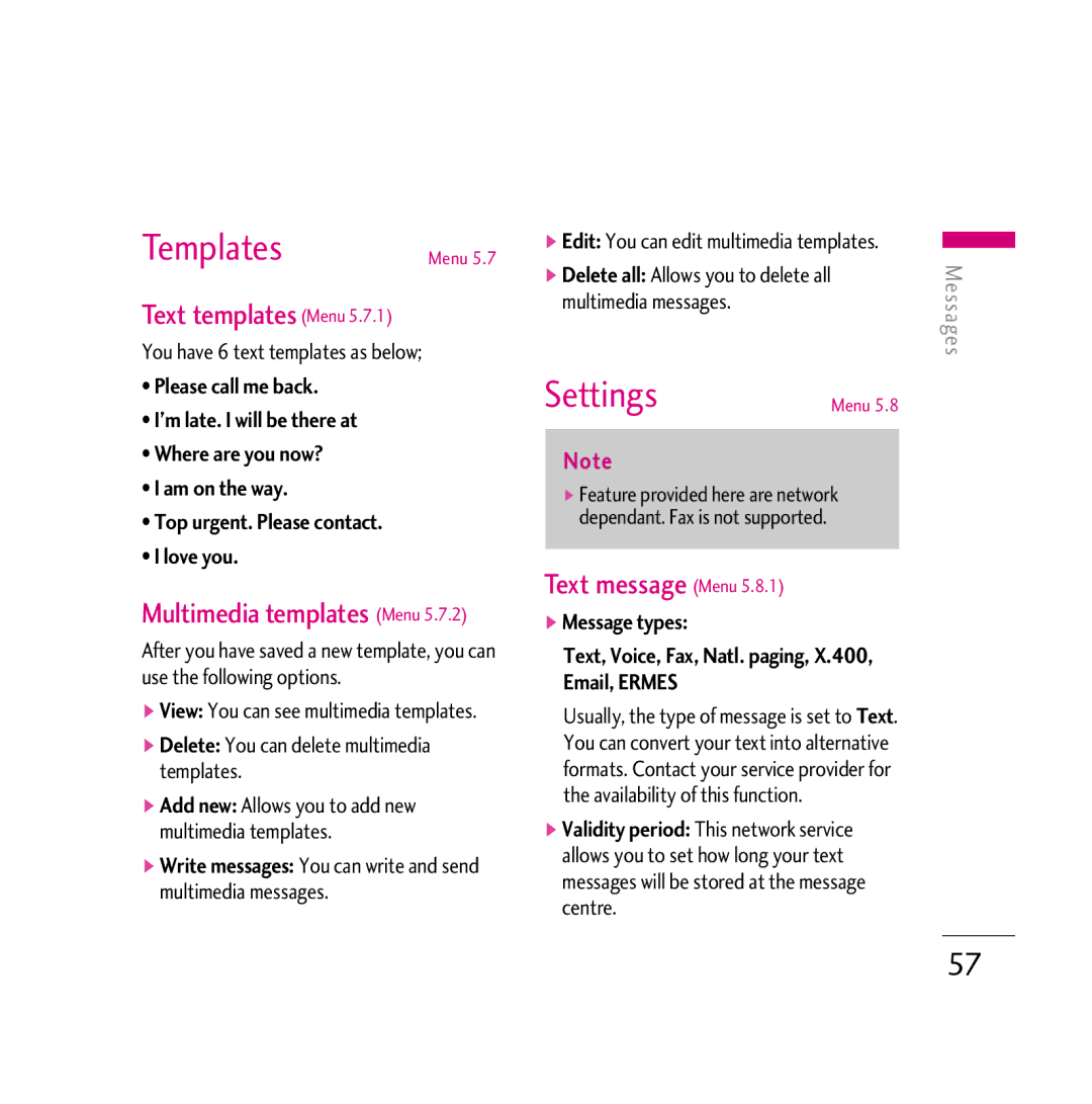 LG Electronics KG800 manual Templates, Settings, Text templates Menu, Multimedia templates Menu, Text message Menu 