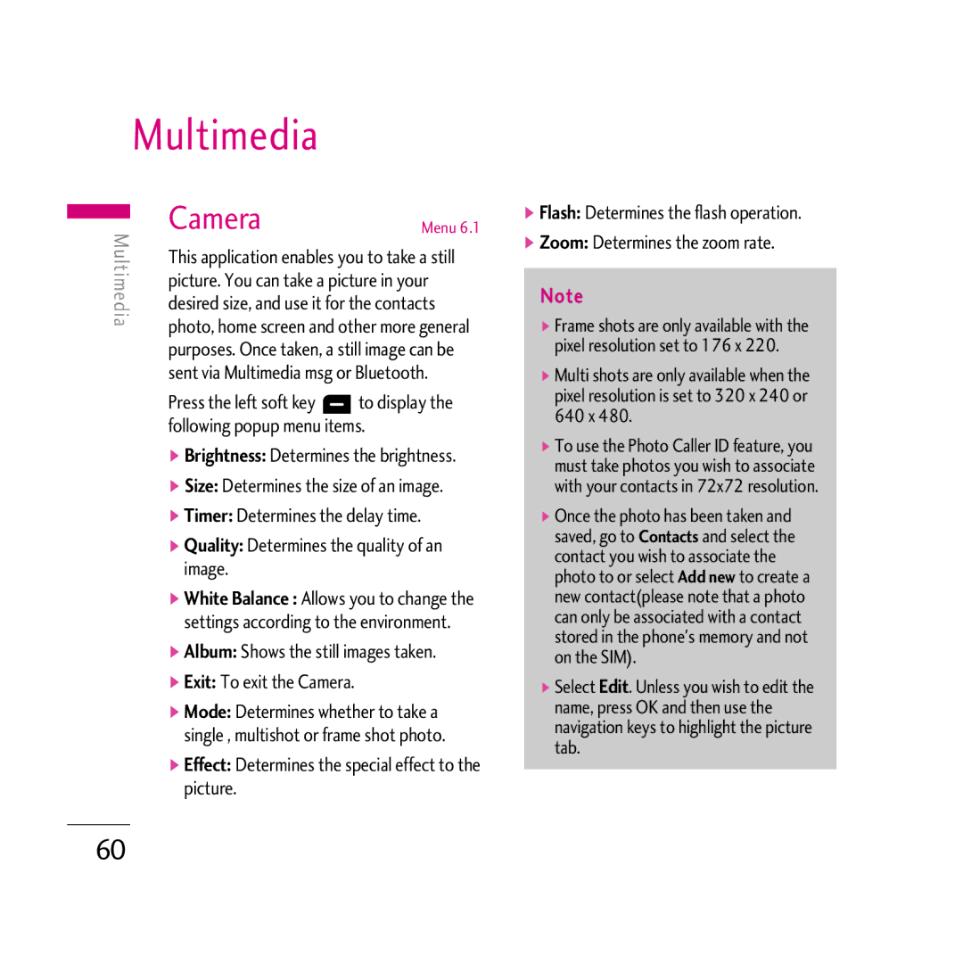 LG Electronics KG800 manual Multimedia, Album Shows the still images taken Exit To exit the Camera 