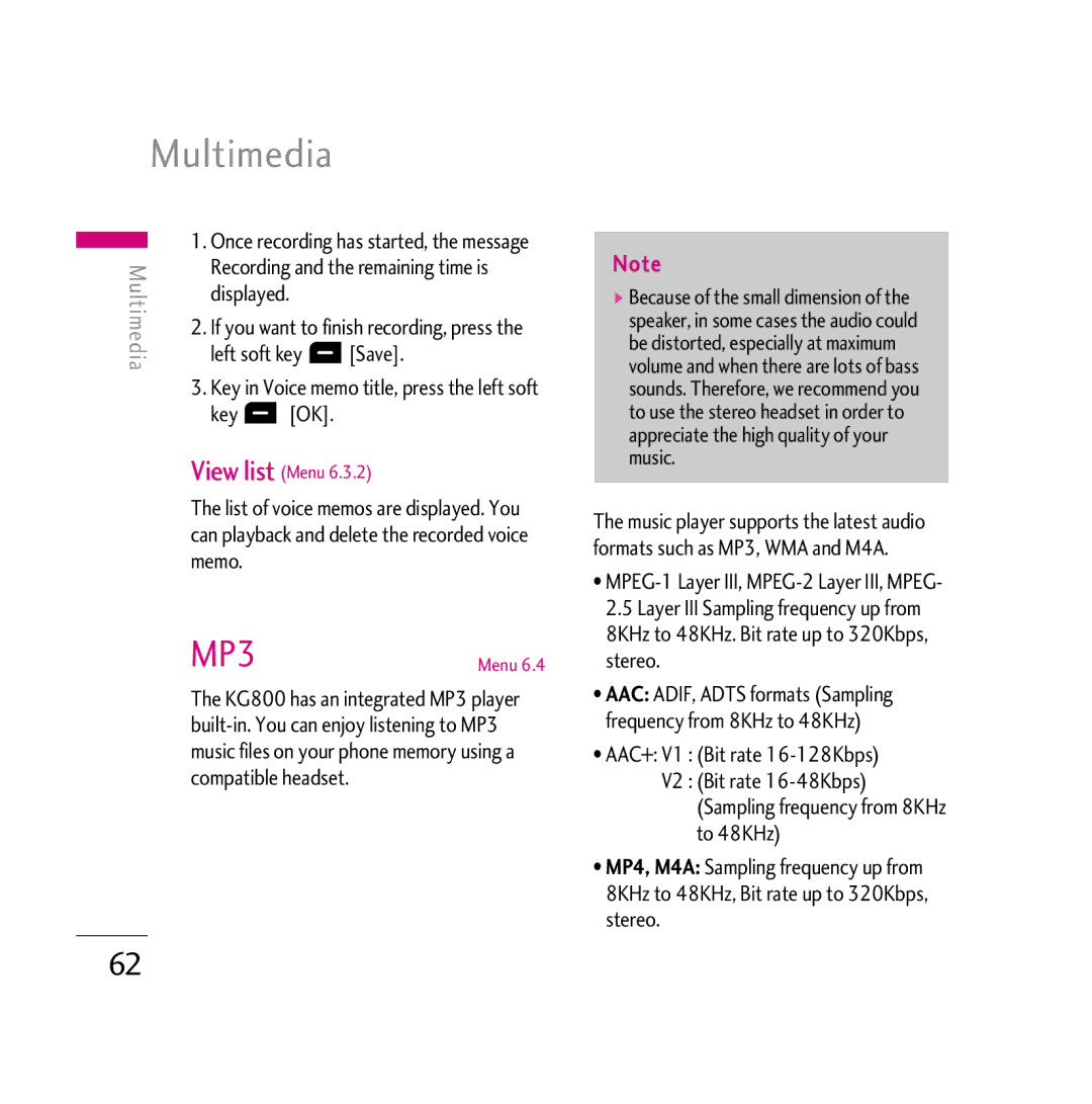 LG Electronics KG800 manual Multimedia, Displayed, Left soft key d Save, Key d OK 