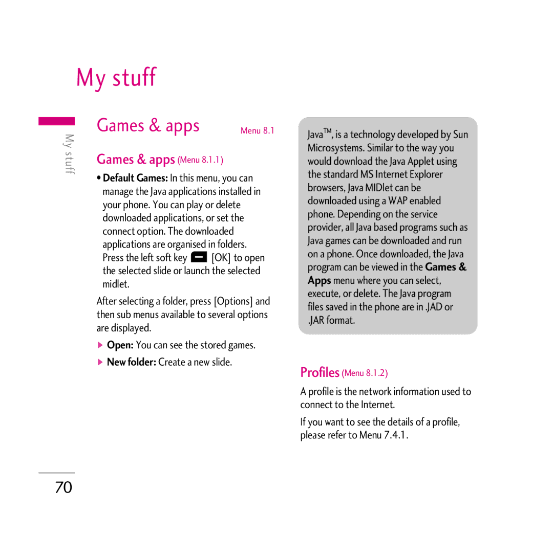 LG Electronics KG800 manual My stuff, Games & apps Menu, JAR format 