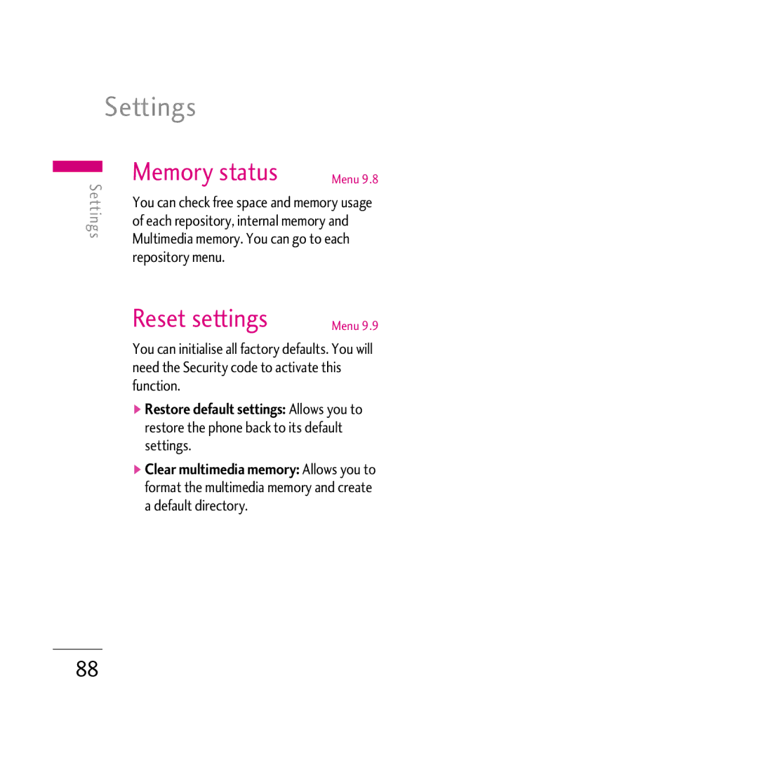 LG Electronics KG800 manual Memory status, Reset settings 