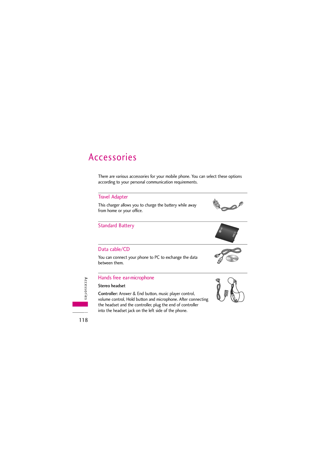 LG Electronics KG810 manual Accessories, Stereo headset 