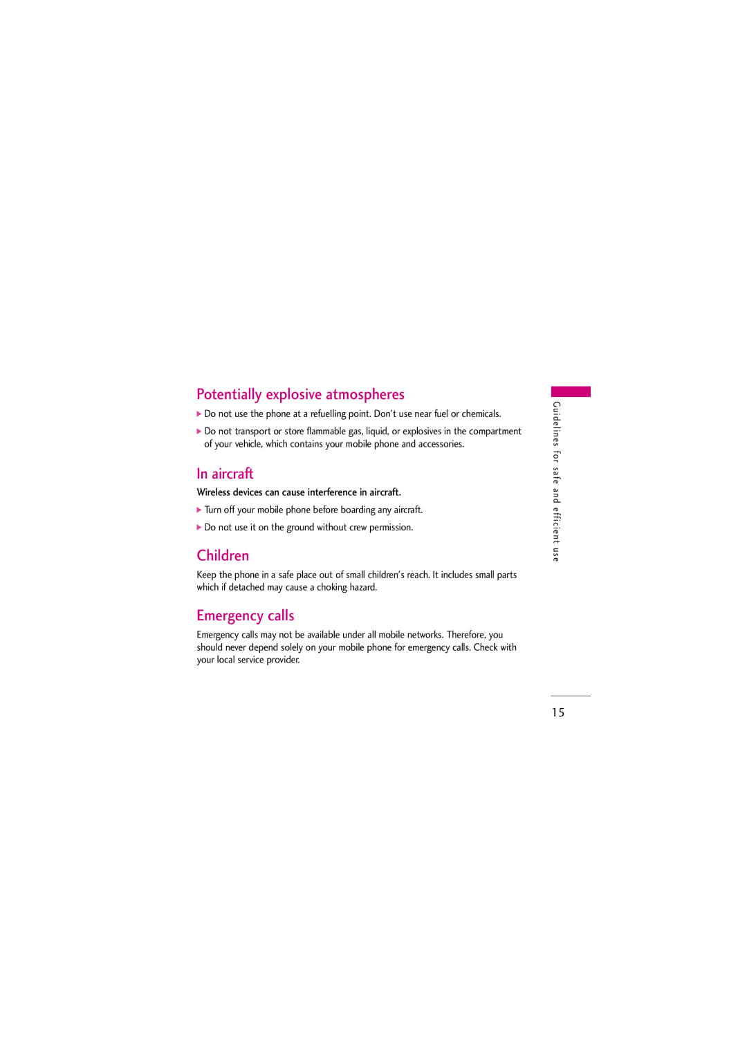 LG Electronics KG810 manual Potentially explosive atmospheres, Aircraft, Children, Emergency calls 