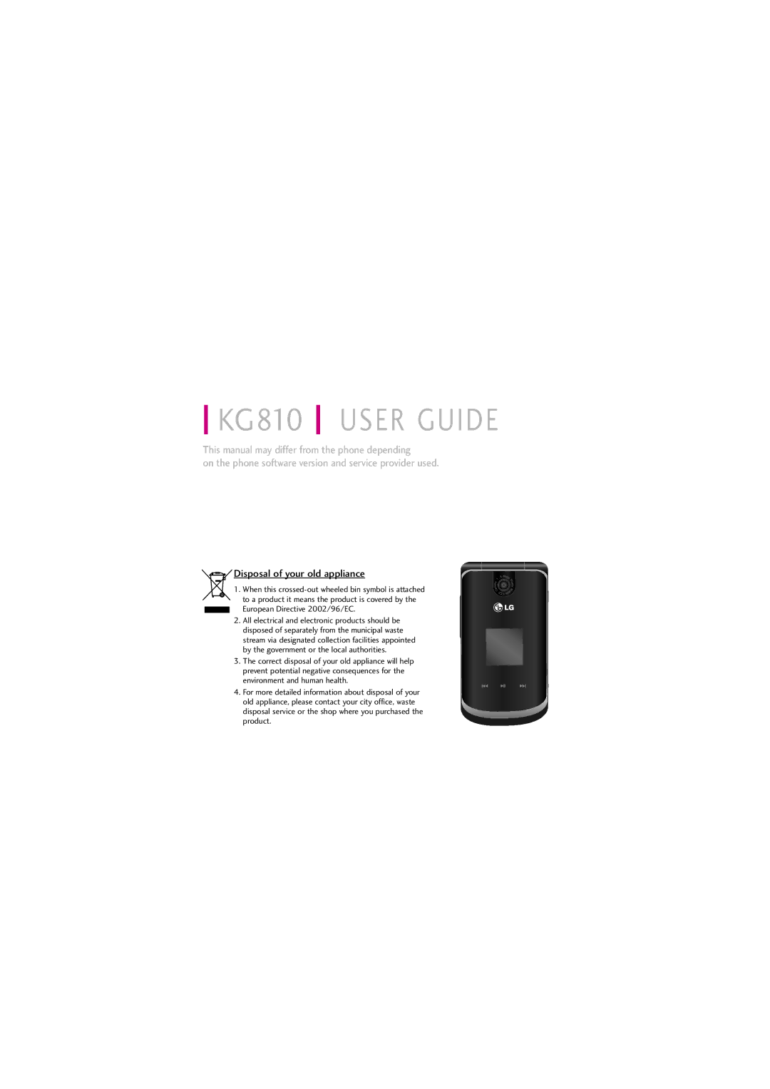 LG Electronics KG810 manual User Guide, Disposal of your old appliance 