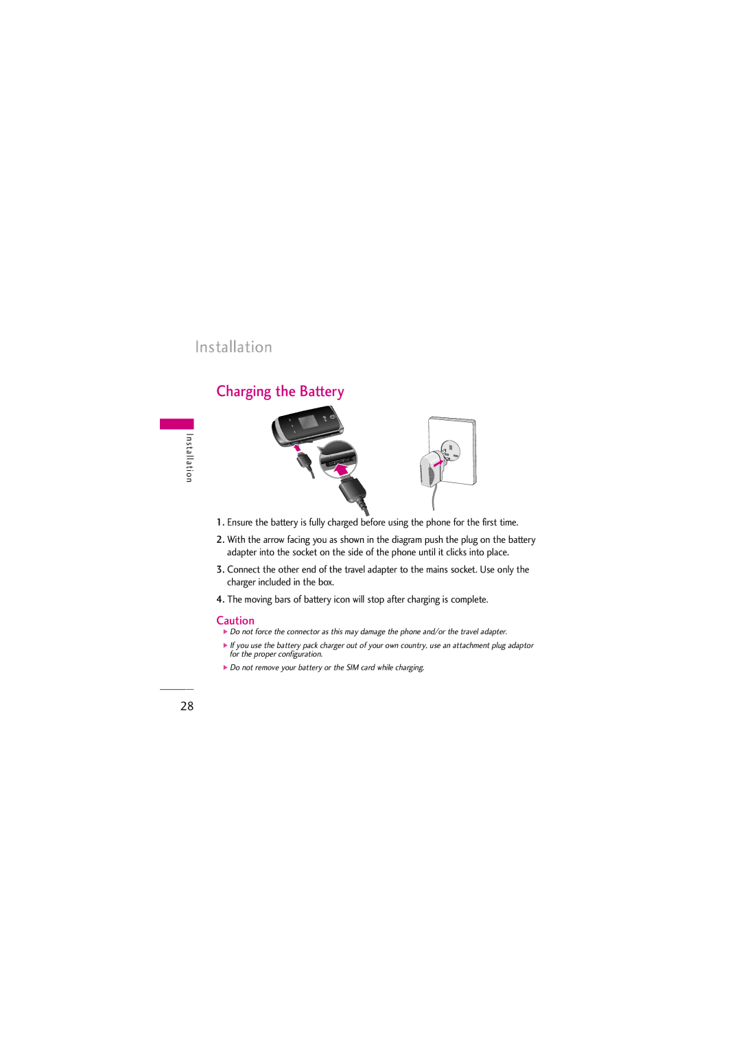 LG Electronics KG810 manual Installation, Charging the Battery 