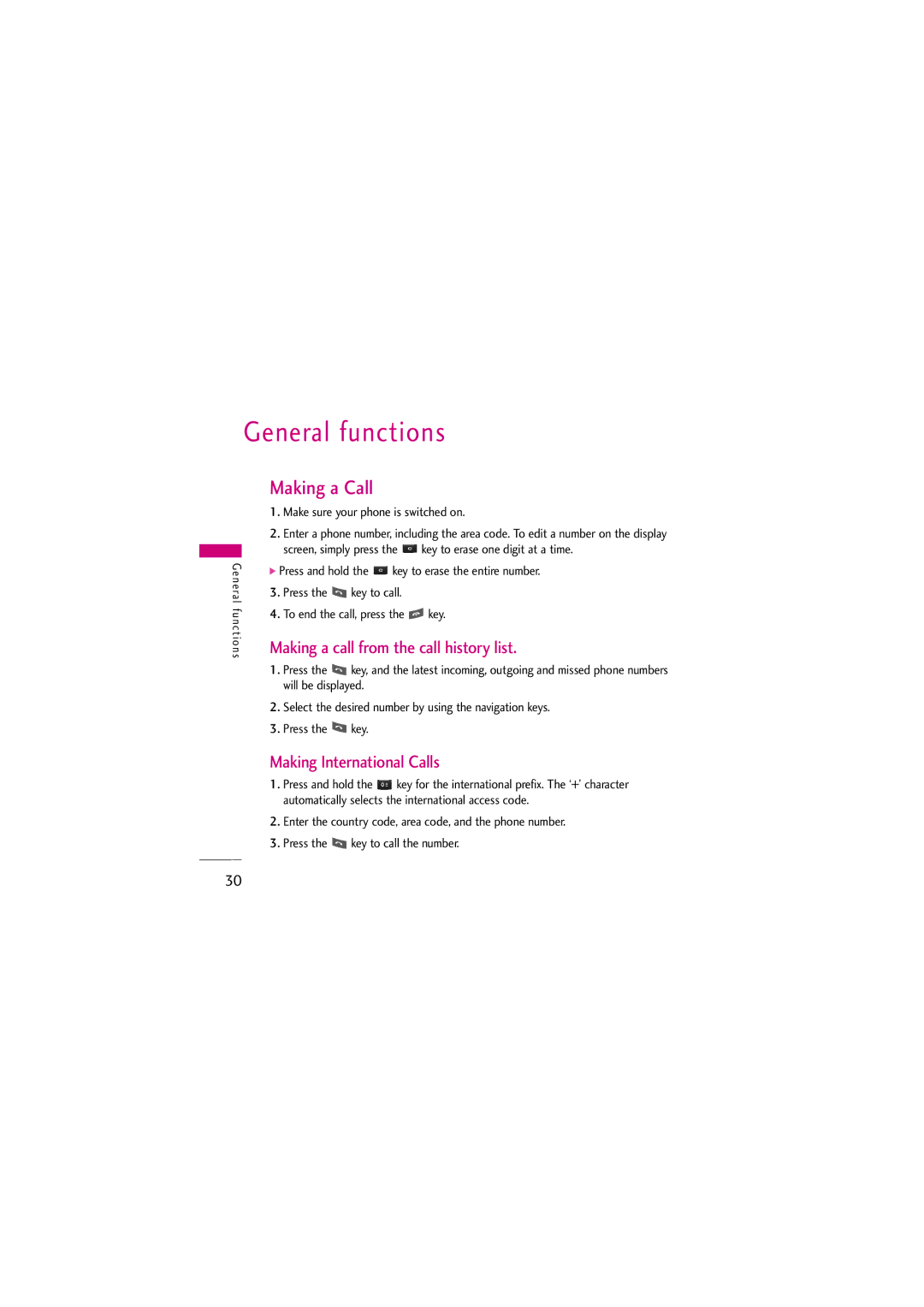 LG Electronics KG810 manual General functions, Making a Call, Making a call from the call history list 