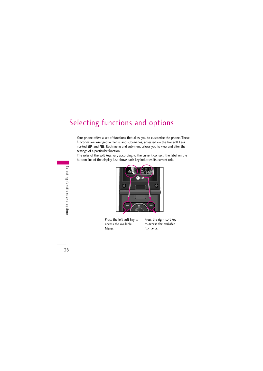 LG Electronics KG810 manual Selecting functions and options, Menu 