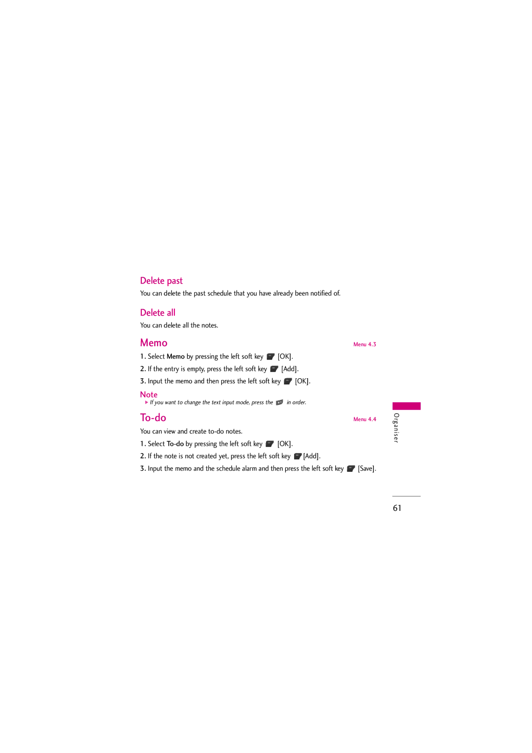 LG Electronics KG810 manual Memo, To-do, Delete past, Delete all, You can delete all the notes 