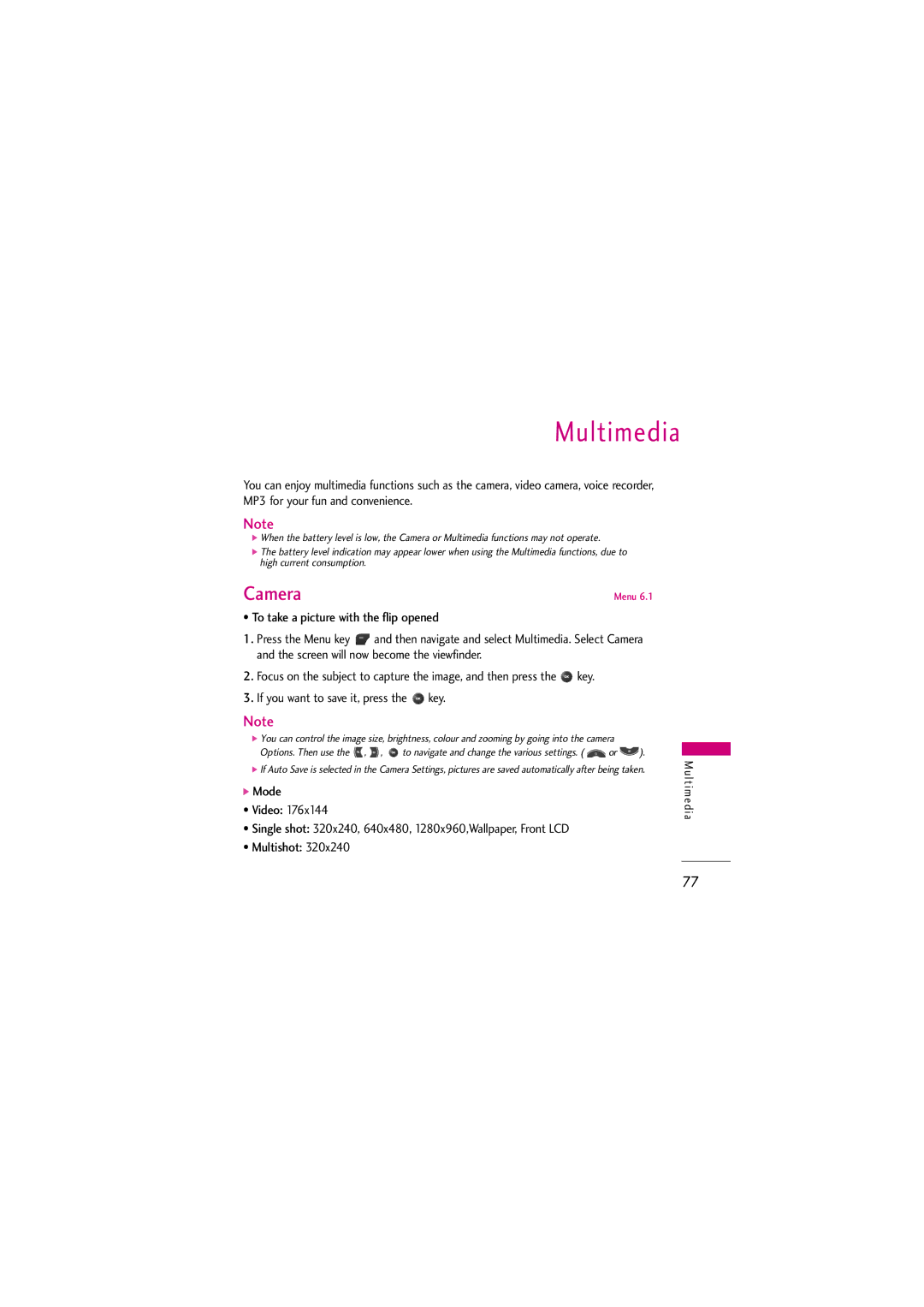 LG Electronics KG810 manual Multimedia, Camera 