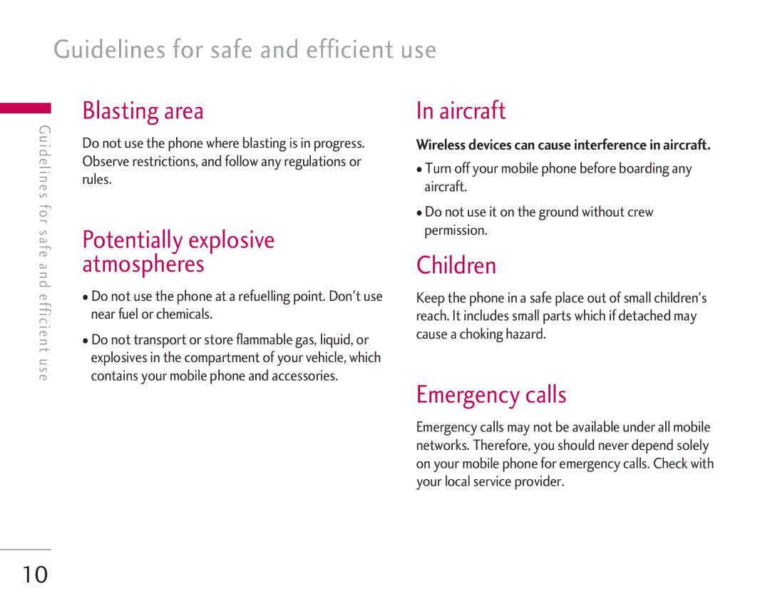 LG Electronics KG920 manual Blasting area, Aircraft, Children, Emergency calls 