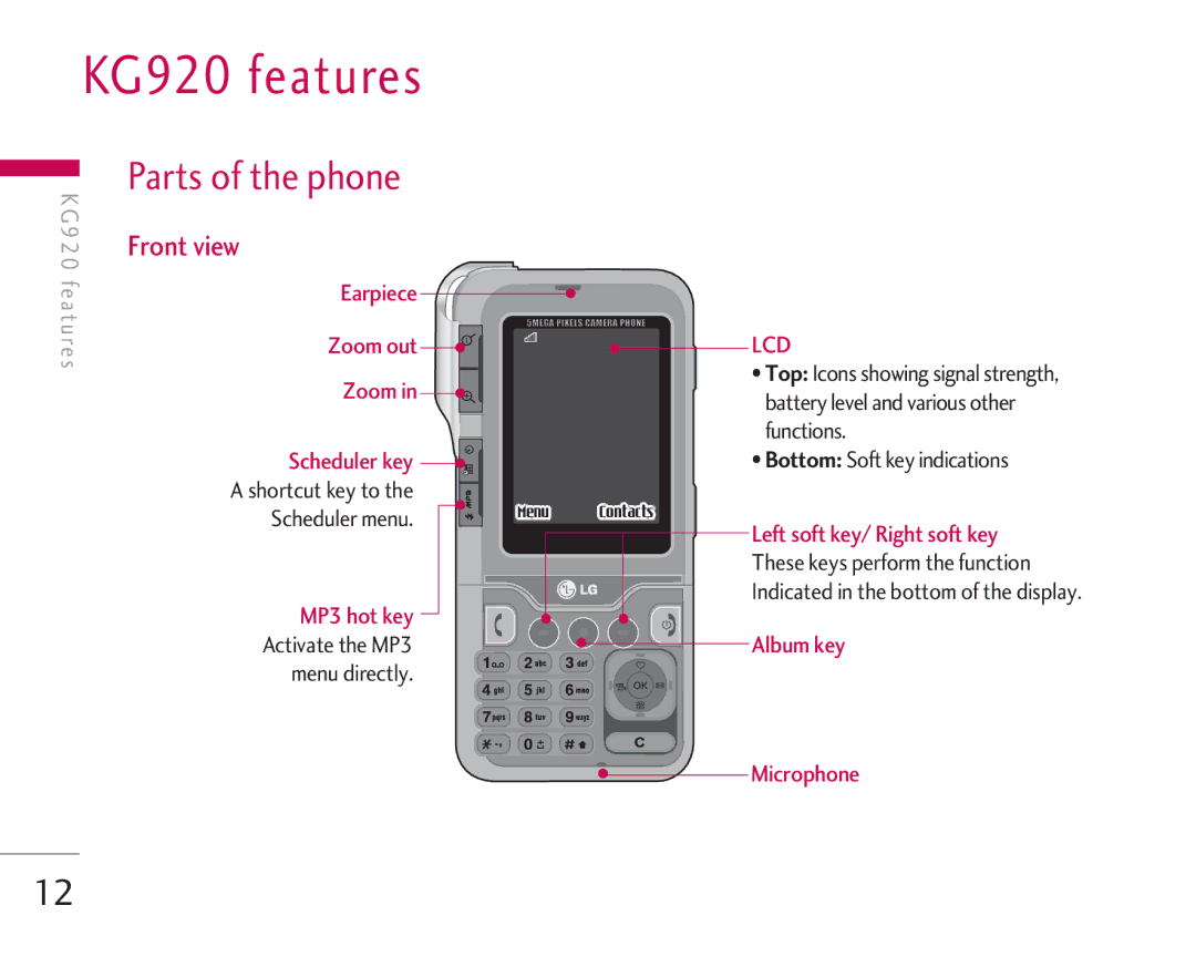 LG Electronics manual KG920 features, Parts of the phone, Front view 