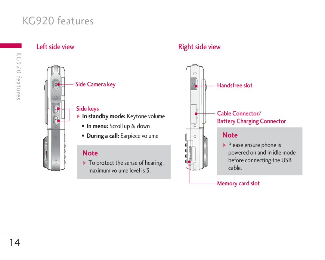 LG Electronics manual KG920 features, Left side view, Right side view, During a call Earpiece volume 